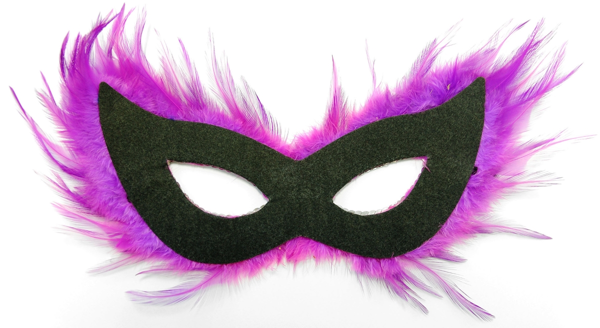 A masquerade mask with fluffy fuschia trim on a white background.