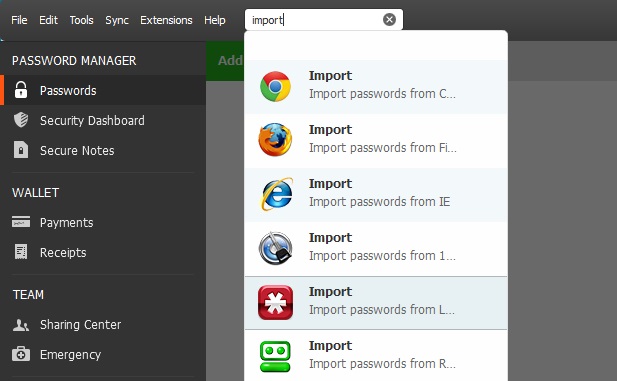 Screenshot of the extensive list of import options.