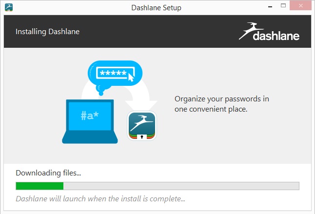Screenshot of the Dashlane Setup window with a status saying “Downloading files…”