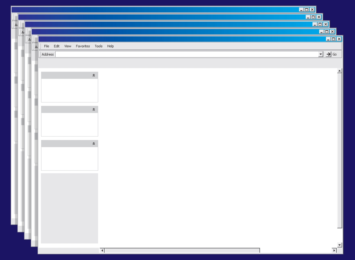A cascade of blank file explorer windows above a blue background.