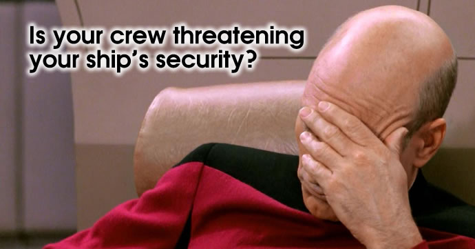 Captain Picard places his head in his hands in frustration. Caption reads: 'Is your crew threatening your ship's security?'