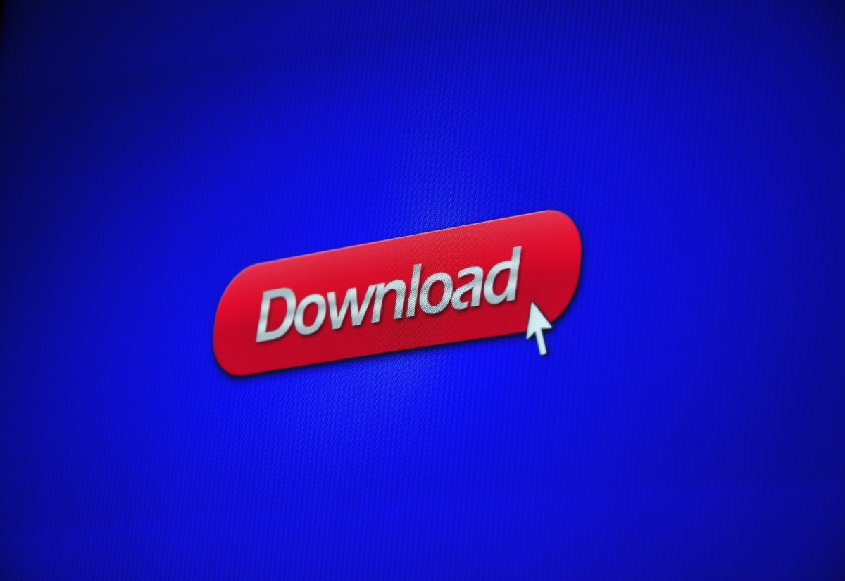 A mouse cursor hovers over a large red 'Download' button on a deep blue background.