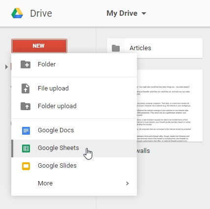 A screenshot of Google Drive's 'New Document' menu.