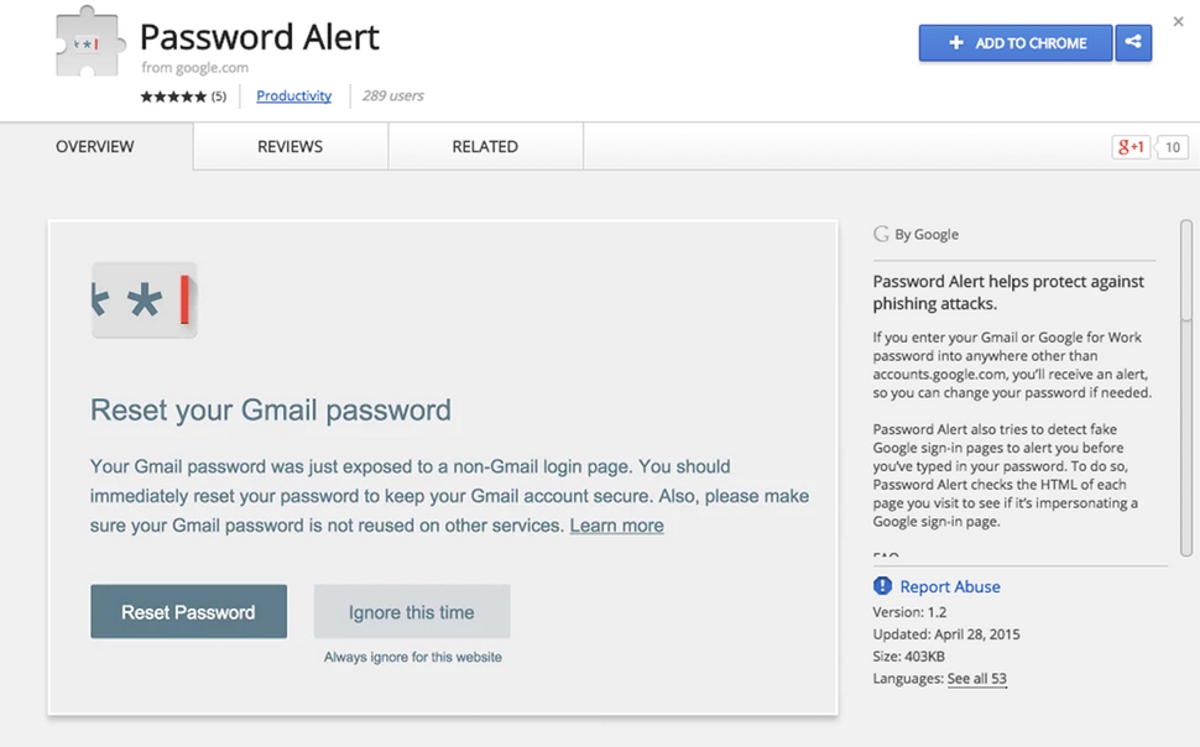 Image: The Google Chrome store, showing the Password Alert download page.