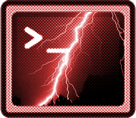 a typical application icon representing the Bash program tinted red, with a lighting bolt streaking across it